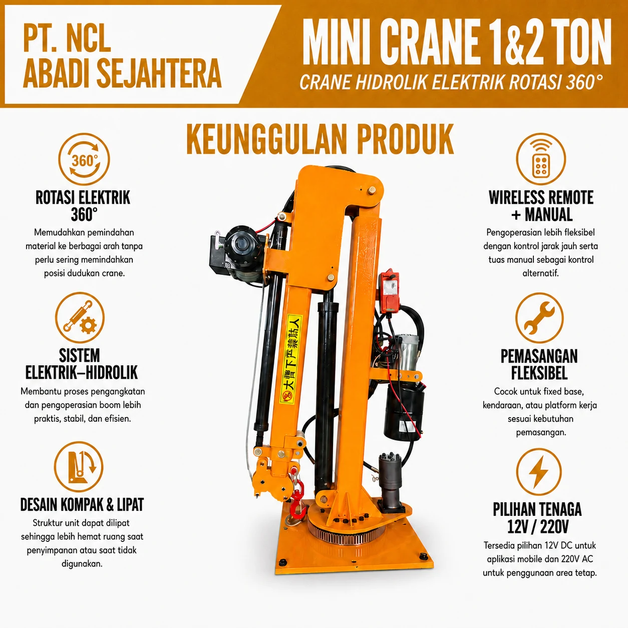 Mini Crane Mobile 1 Ton Rotasi 360° — Fitur seri mini crane hidrolik elektrik 1–2 ton