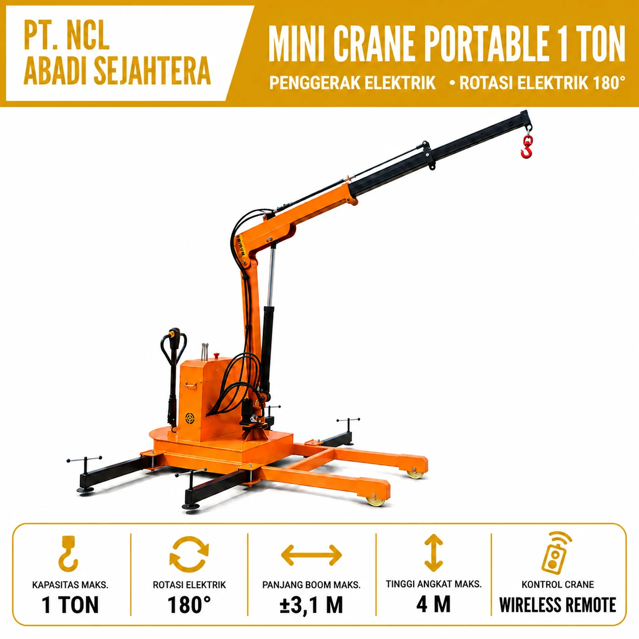Mini Crane Mobile 1 Ton Full Electric 180° — GL-0128 · Full Electric · Rotasi 180°