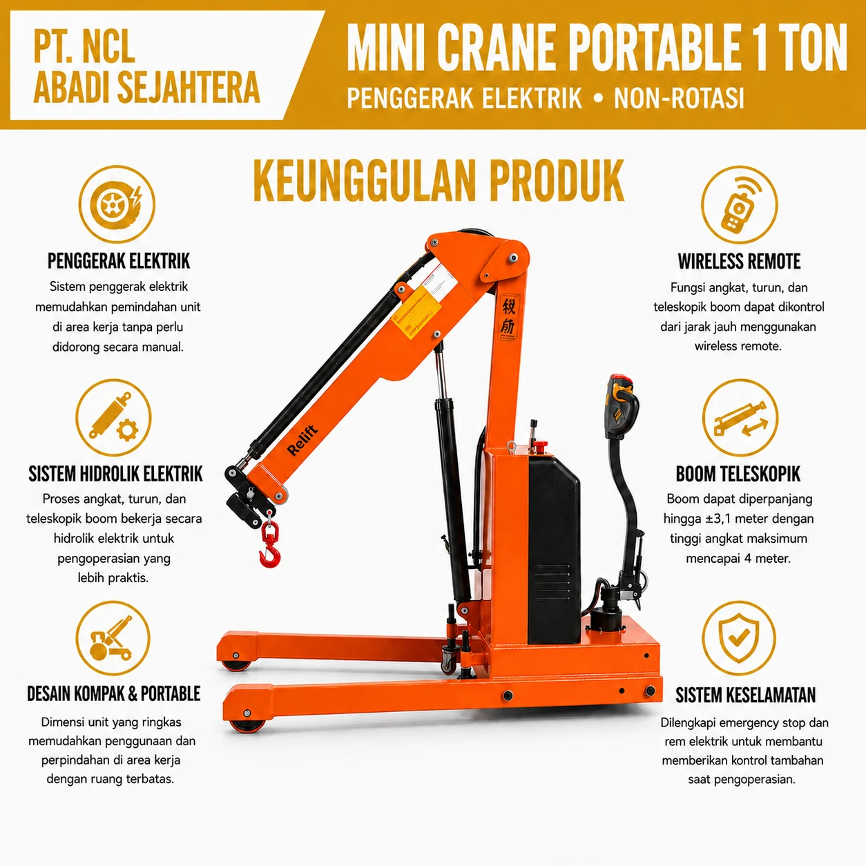 Mini Crane Mobile 1 Ton Full Electric Non-Rotasi — Fitur mini crane portable non-rotasi