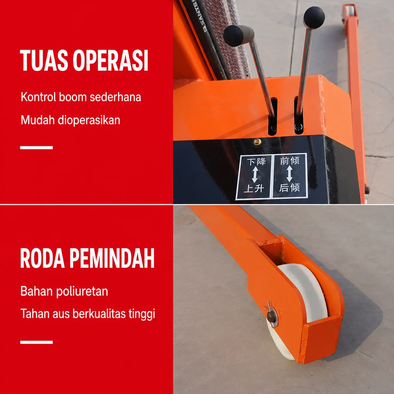 Mini Crane Mobile 1 Ton Full Electric Non-Rotasi — Detail tuas kendali dan roda pemindah