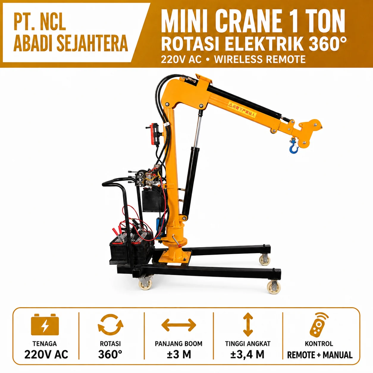 Mini Crane Mobile 1 Ton Rotasi 360° — Katalog NCL — konfigurasi 1 ton 220V AC