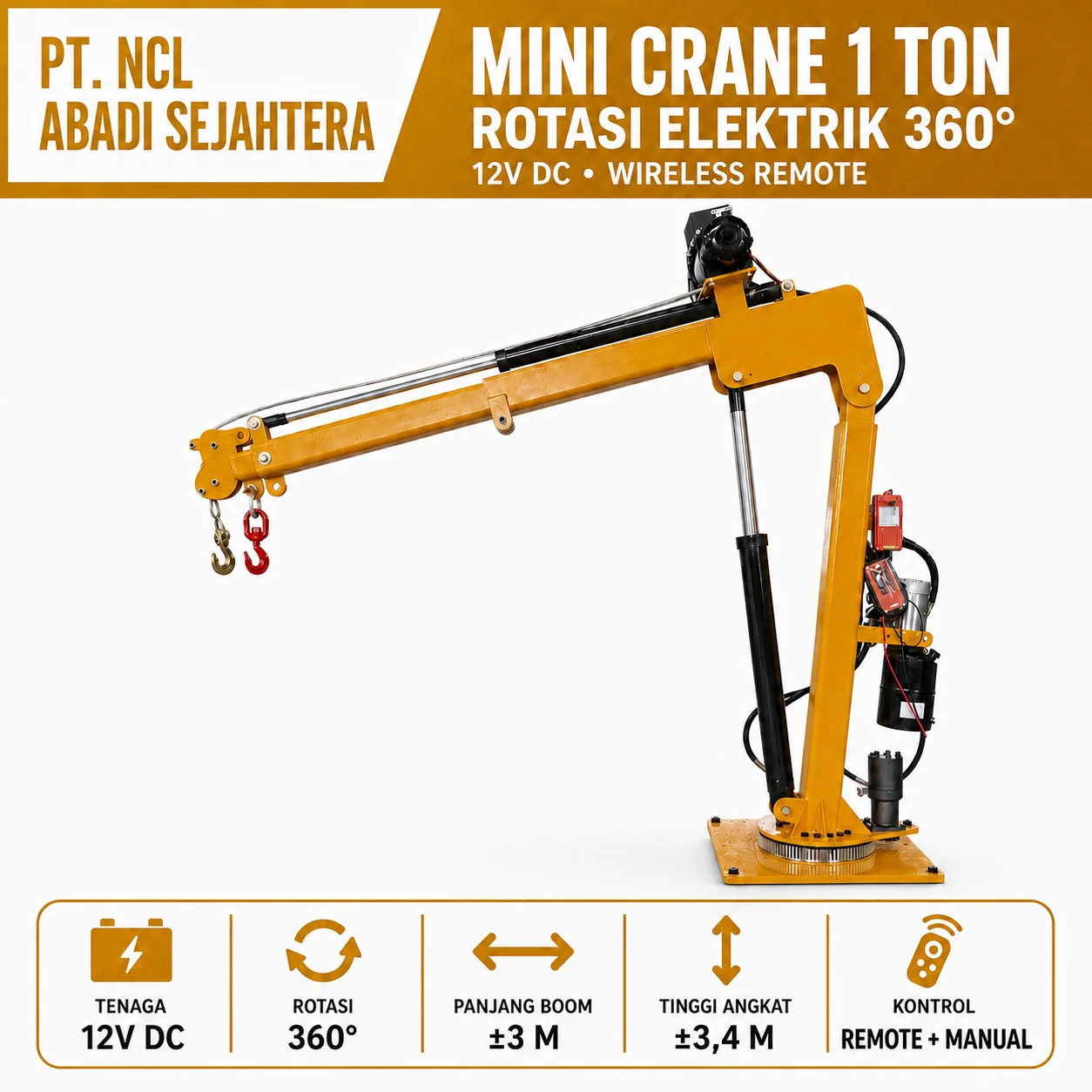 Mini Crane Mobile 1 Ton Rotasi 360° — Hidrolik Elektrik · 12V DC / 220V AC