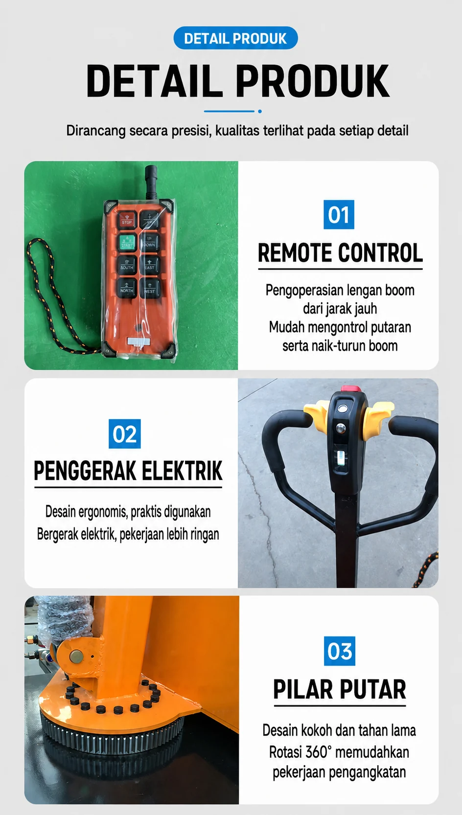 Mini Crane Mobile 2 Ton Full Electric 360° — Detail remote, penggerak, dan pilar putar