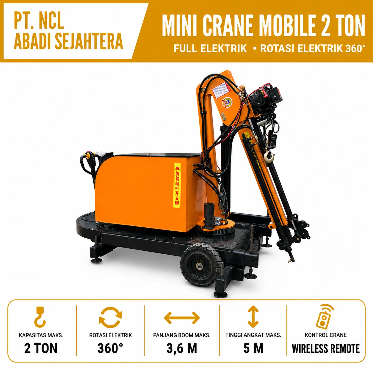 Mini Crane Mobile 2 Ton Full Electric 360° — Full Electric · Rotasi 360° · Tinggi Kait 5 m