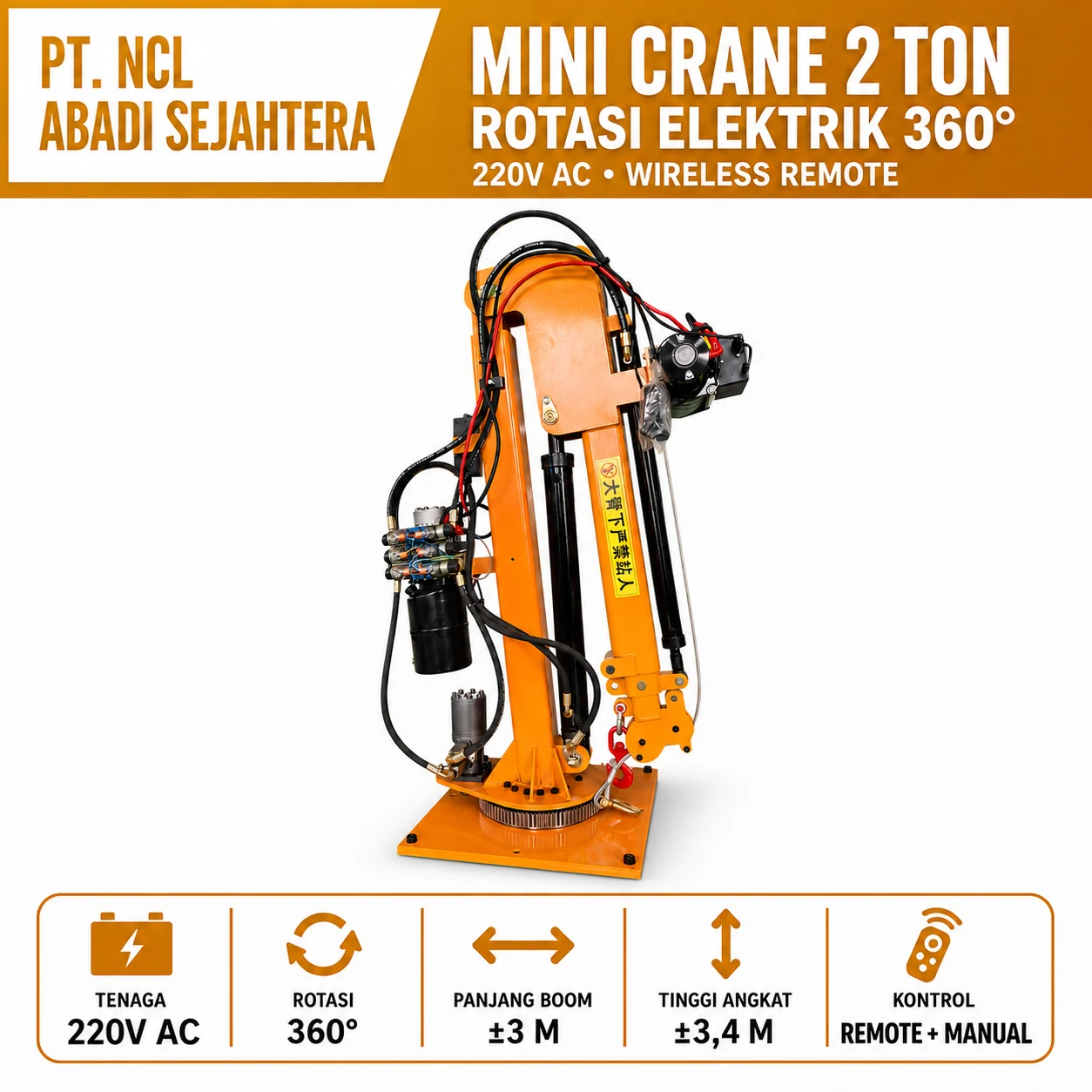 Mini Crane Hidrolik Elektrik 2 Ton Rotasi 360° — Katalog NCL — konfigurasi 2 ton 220V AC