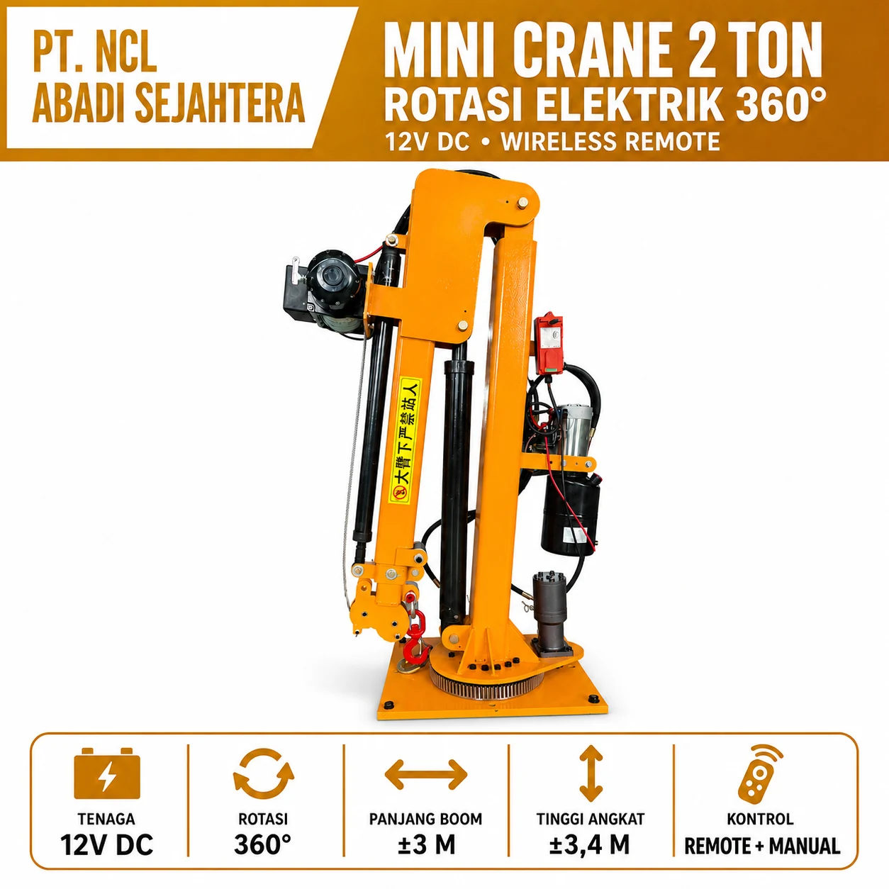 Mini Crane Hidrolik Elektrik 2 Ton Rotasi 360° — Hidrolik Elektrik · 12V DC / 220V AC