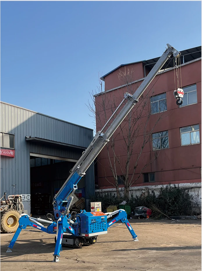 Foto unit Spider Crane XZ02A warna biru dengan boom terangkat