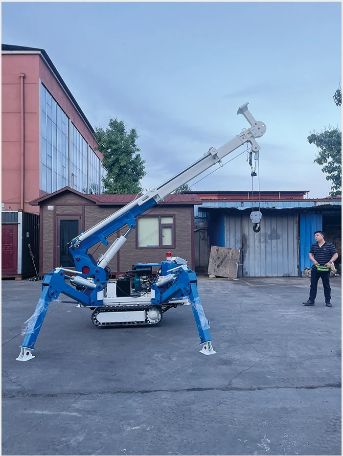 Foto unit Spider Crane XZ02A warna biru dengan outrigger terbuka